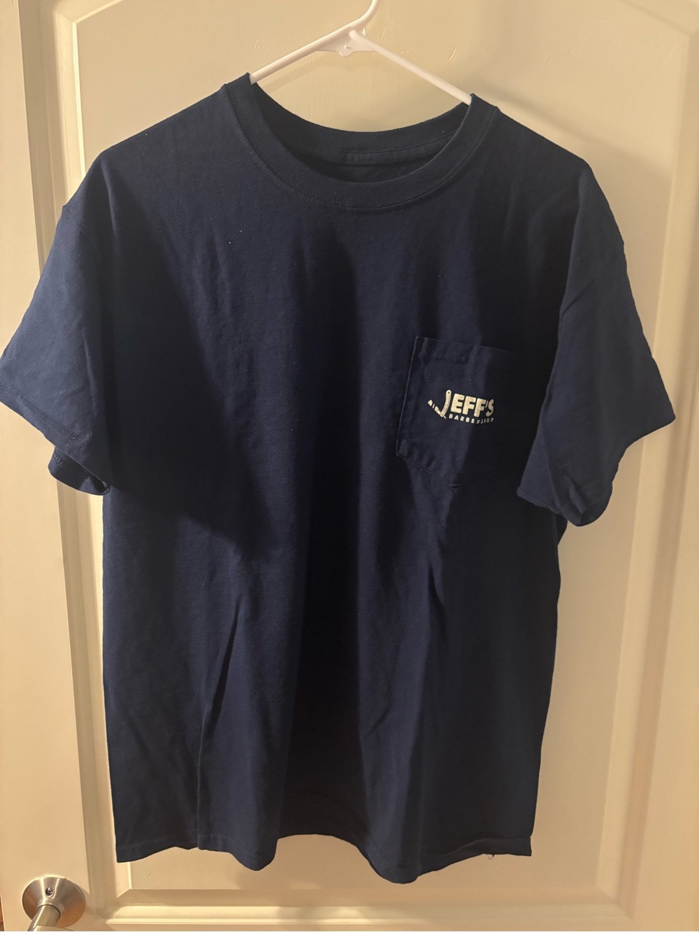 Jeff's Barbershop Navy Pocket Tee Size L